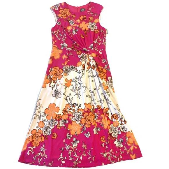 Vince Camuto dress floral mixed print sleeveless side knot twist front midi - Picture 12 of 16